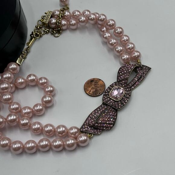 Heidi Daus "Beaux Arts" Pink Pave Crystal Bow Pearl Beaded Two Strand Necklace - Picture 14 of 15